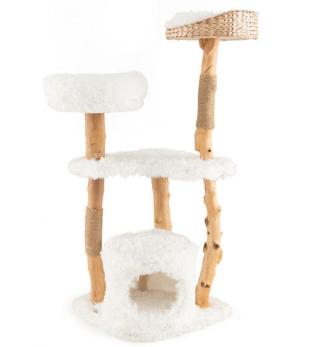 Solid Wood Cat Tower with Top Cattail Basket Cat Bed for Indoor Cats-White