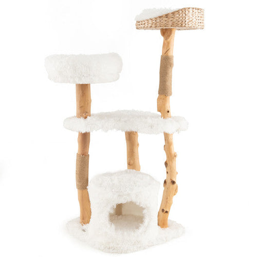 Load image into Gallery viewer, Solid Wood Cat Tower with Top Cattail Basket Cat Bed for Indoor Cats-White

