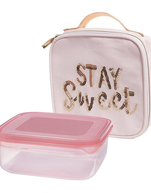 Load image into Gallery viewer, Stay Sweet Pink Combo Lunch Set | Sequin Embellished Lunch Bag and 6.25" Square Food Container by The Bullish Store
