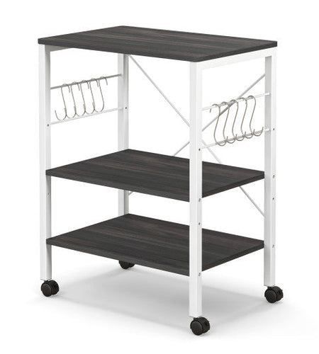 3-Tier Kitchen Baker's Rack Microwave Oven Storage Cart with Hooks-Deep Brown
