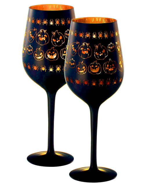 Load image into Gallery viewer, Crystal Halloween Stemmed Wine Glasses - Set of 2 - Pumpkin Themed Vibrant Black &amp; Gold Spooky Ghost Pattern Frosted Glass, Perfect for Themed Gothic Parties Trick Or Treat Gifts for Him Her (16 OZ) by The Wine Savant
