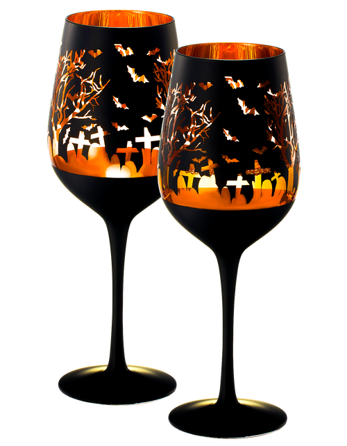 Load image into Gallery viewer, Crystal Halloween Stemmed Wine Glasses - Set of 2 - Themed Vibrant Black &amp; Gold Etched Spooky Graveyard Pattern Frosted Glass, Perfect for Themed Gothic Parties Trick Or Treat Gift For Him Her (14 OZ) by The Wine Savant
