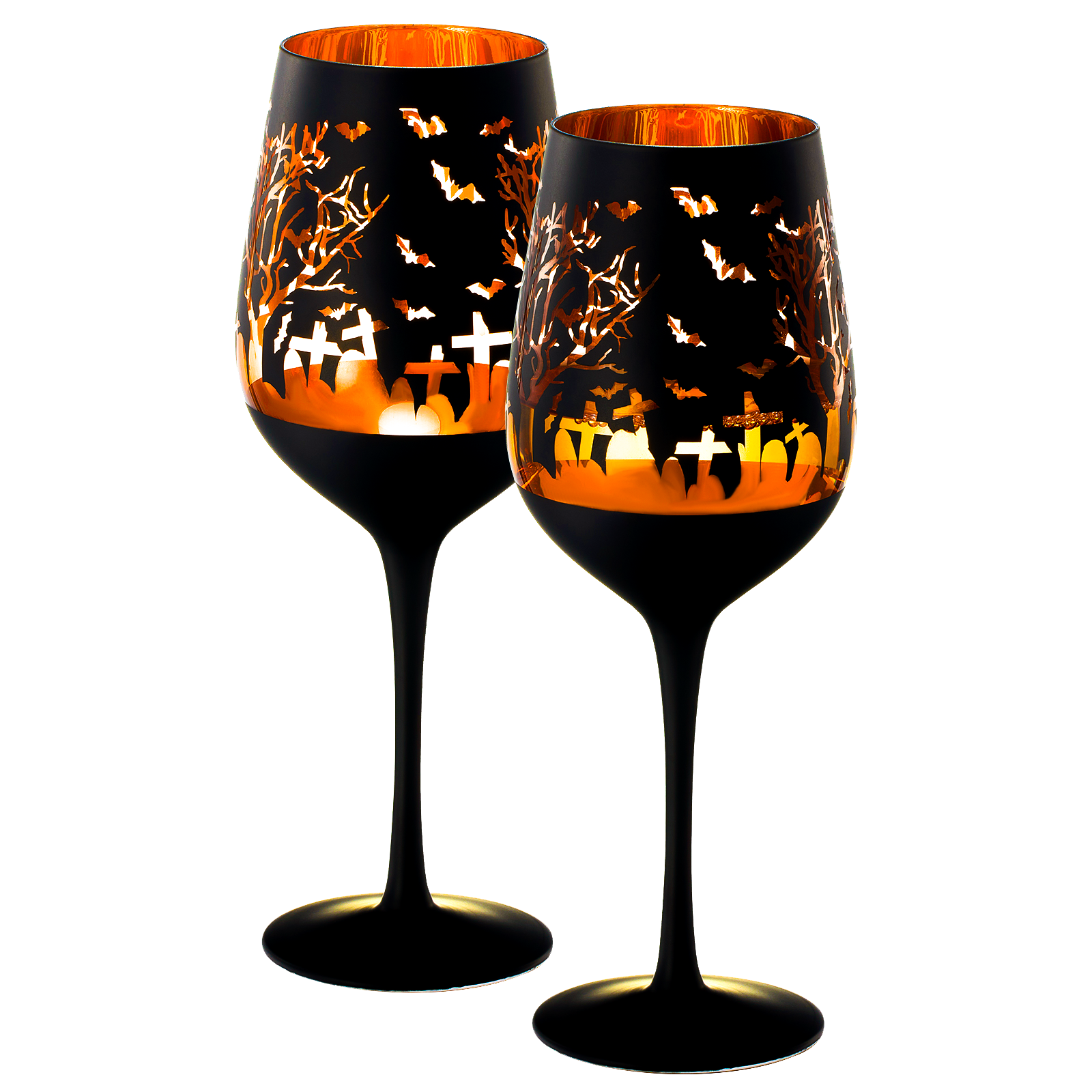 Crystal Halloween Stemmed Wine Glasses - Set of 2 - Themed Vibrant Black & Gold Etched Spooky Graveyard Pattern Frosted Glass, Perfect for Themed Gothic Parties Trick Or Treat Gift For Him Her (14 OZ) by The Wine Savant