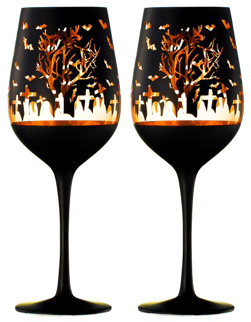 Load image into Gallery viewer, Crystal Halloween Stemmed Wine Glasses - Set of 2 - Themed Vibrant Black &amp; Gold Etched Spooky Graveyard Pattern Frosted Glass, Perfect for Themed Gothic Parties Trick Or Treat Gift For Him Her (14 OZ) by The Wine Savant
