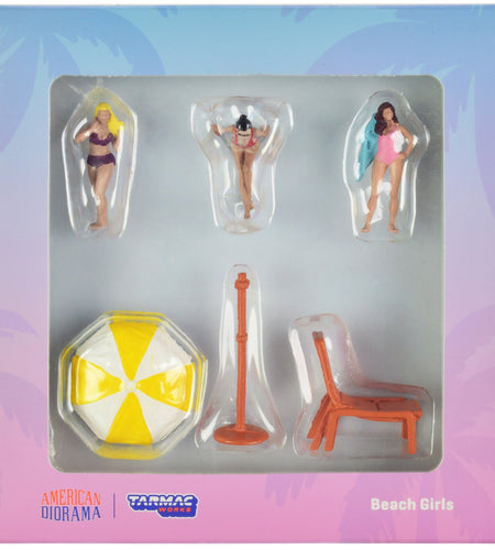 "Beach Girls" 5 piece Diecast Figure Set (3 Female Figures and 2 Beach Accessories) for 1/64 Scale Models by Tarmac Works & American Diorama