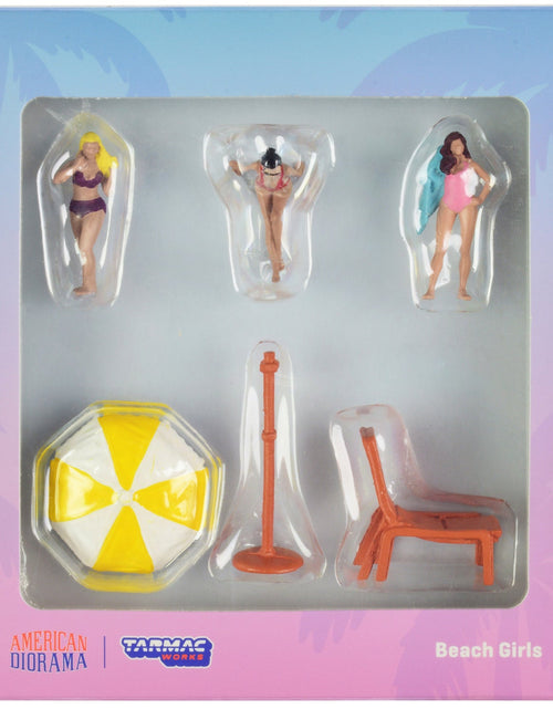 Load image into Gallery viewer, "Beach Girls" 5 piece Diecast Figure Set (3 Female Figures and 2 Beach Accessories) for 1/64 Scale Models by Tarmac Works &amp; American Diorama
