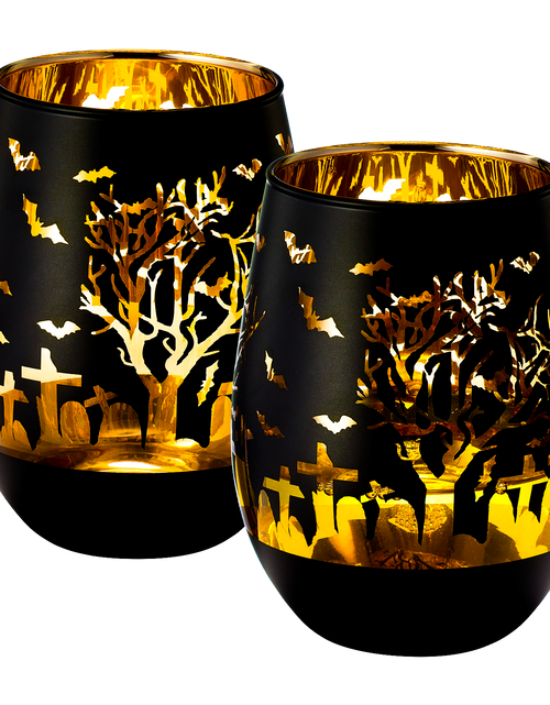 Load image into Gallery viewer, Crystal Halloween Stemless Wine Glass - Set of 2 - Themed Vibrant Black &amp; Gold Etched Spooky Graveyard Pattern Frosted Glass, Perfect for Themed Gothic Parties Trick Or Treat Gift For Him Her (16 OZ) by The Wine Savant
