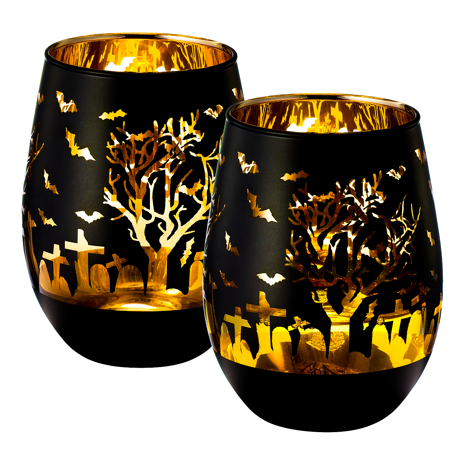 Crystal Halloween Stemless Wine Glass - Set of 2 - Themed Vibrant Black & Gold Etched Spooky Graveyard Pattern Frosted Glass, Perfect for Themed Gothic Parties Trick Or Treat Gift For Him Her (16 OZ) by The Wine Savant