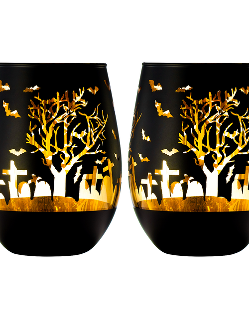 Load image into Gallery viewer, Crystal Halloween Stemless Wine Glass - Set of 2 - Themed Vibrant Black &amp; Gold Etched Spooky Graveyard Pattern Frosted Glass, Perfect for Themed Gothic Parties Trick Or Treat Gift For Him Her (16 OZ) by The Wine Savant
