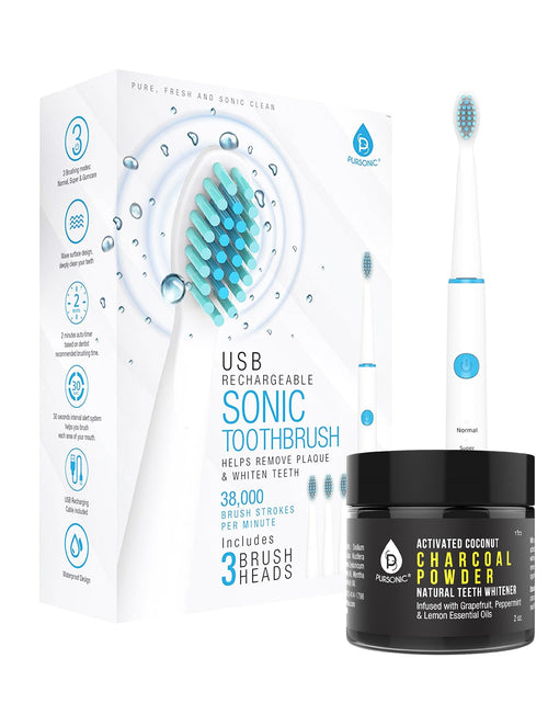 Load image into Gallery viewer, USB Rechargeable Rotary Toothbrush + Freebie Activated Coconut Charcoal Powder Natural Teeth Whitener by Pursonic
