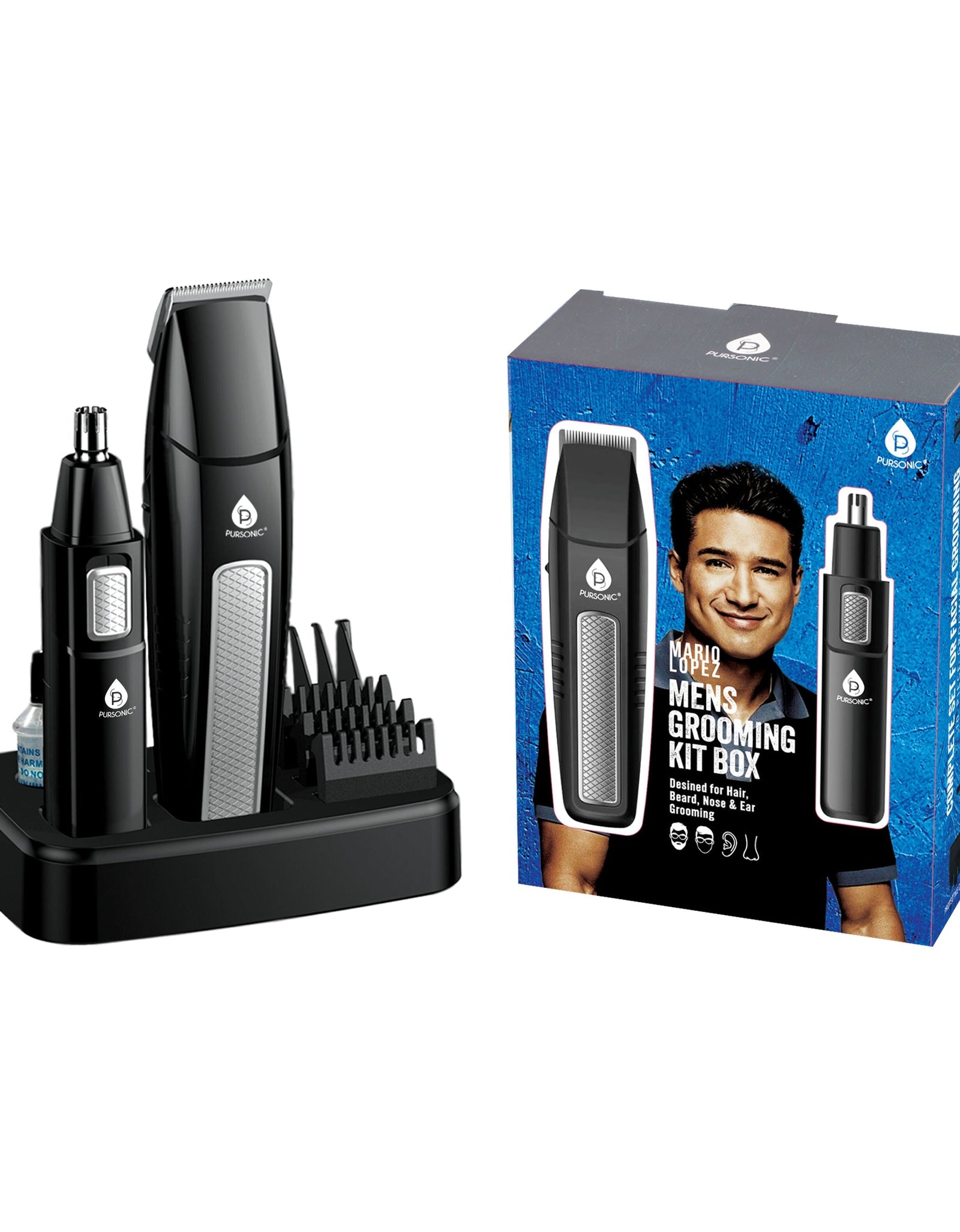 Mario Lopez Mens Grooming Kit , Designed for Hair, Beard, Nose & Ear Grooming, 10 Piece Grooming Kit by Pursonic