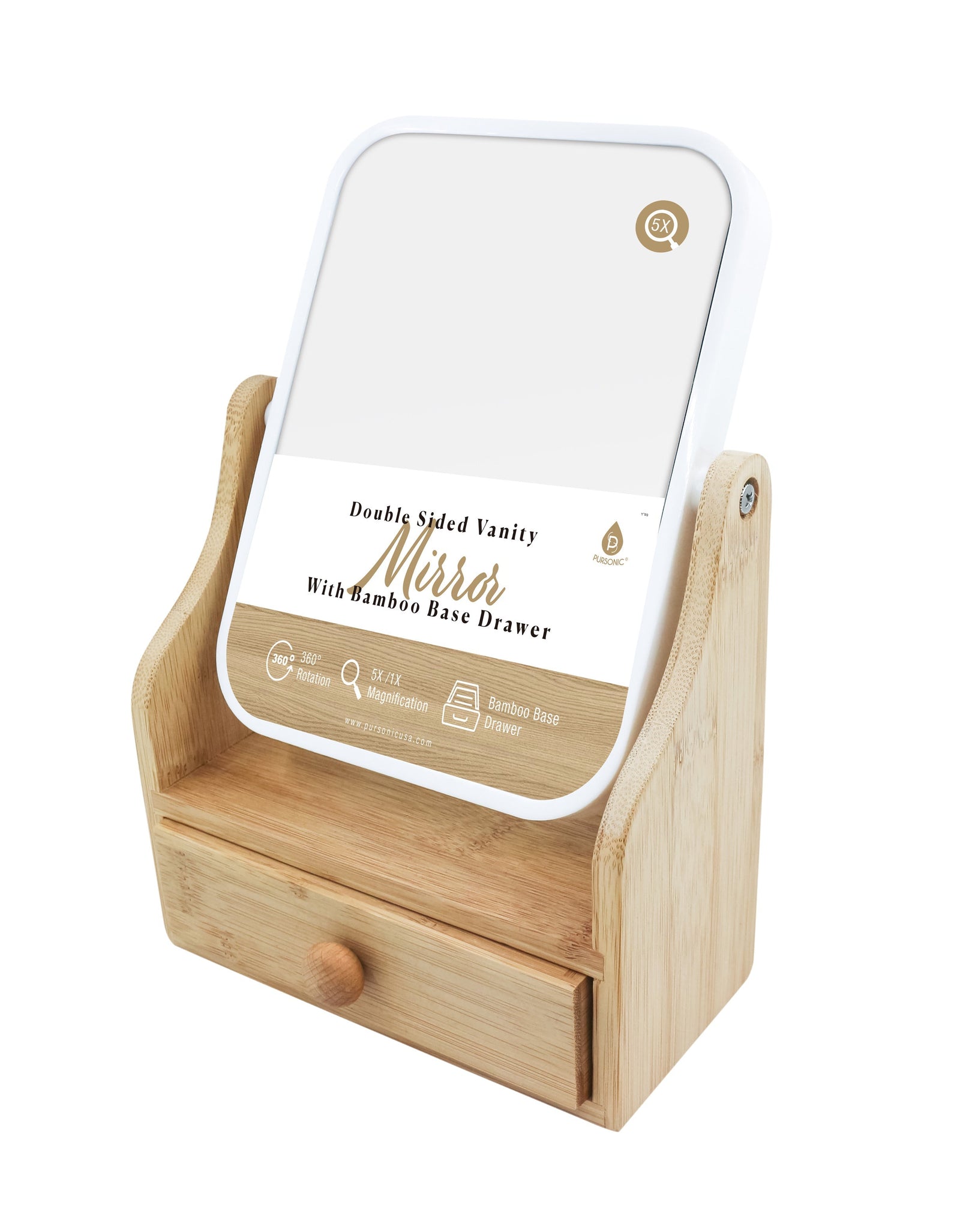 Dual-Sided Vanity Mirror with Bamboo Drawer Base by Pursonic