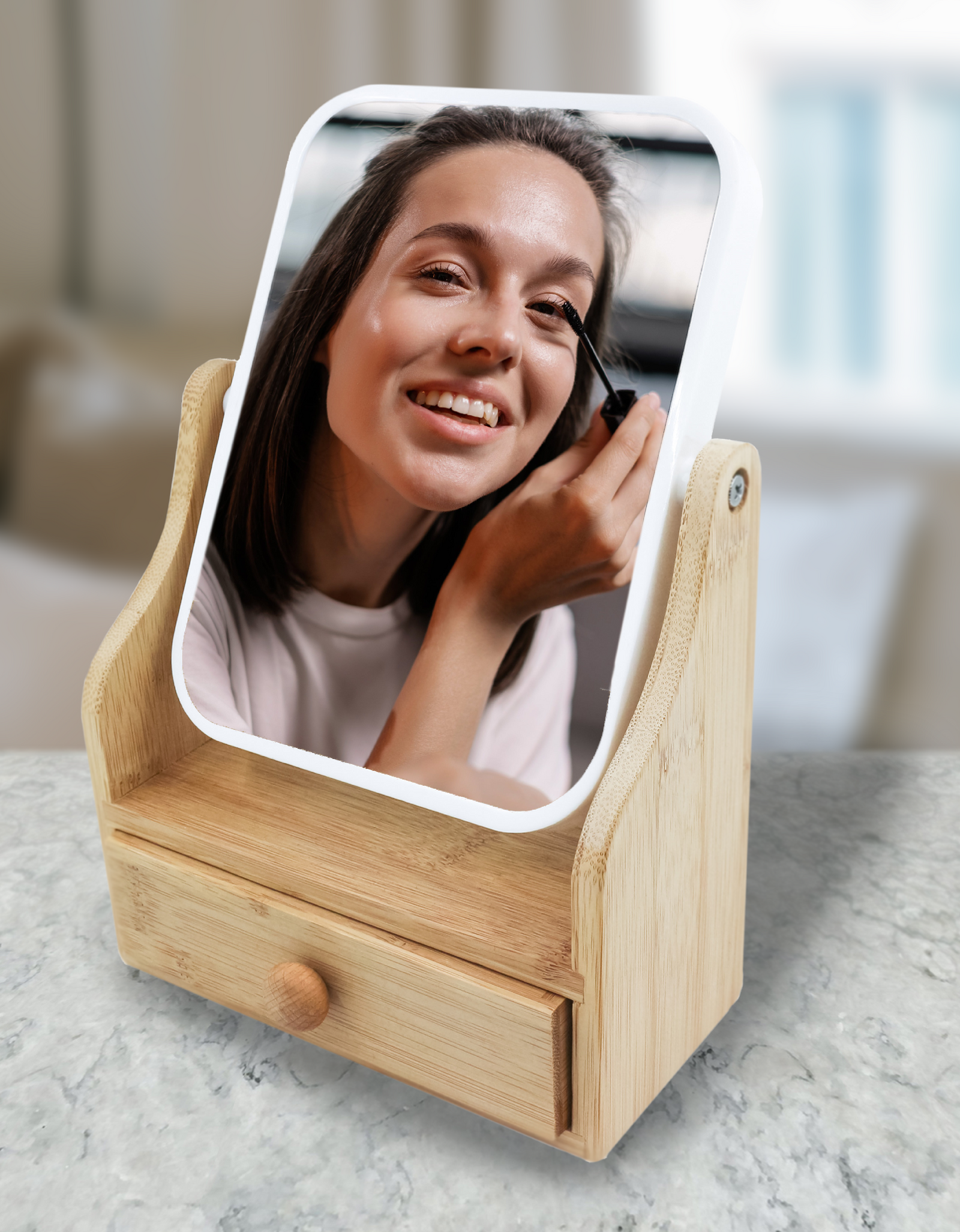 Dual-Sided Vanity Mirror with Bamboo Drawer Base by Pursonic