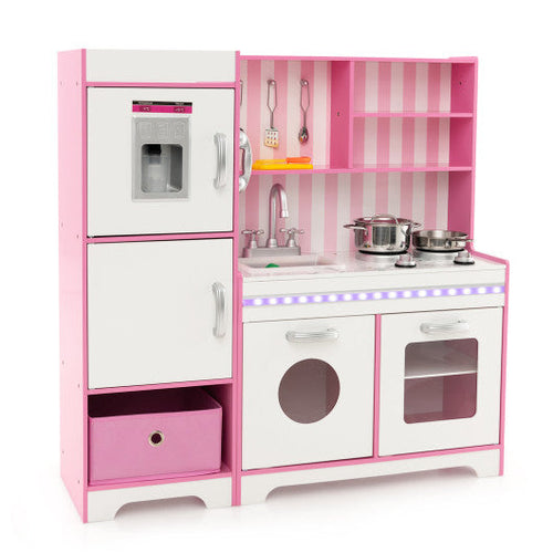 Load image into Gallery viewer, Kids Kitchen Playset Wooden Toy with Adjustable LED Lights and Washing Machine-Pink
