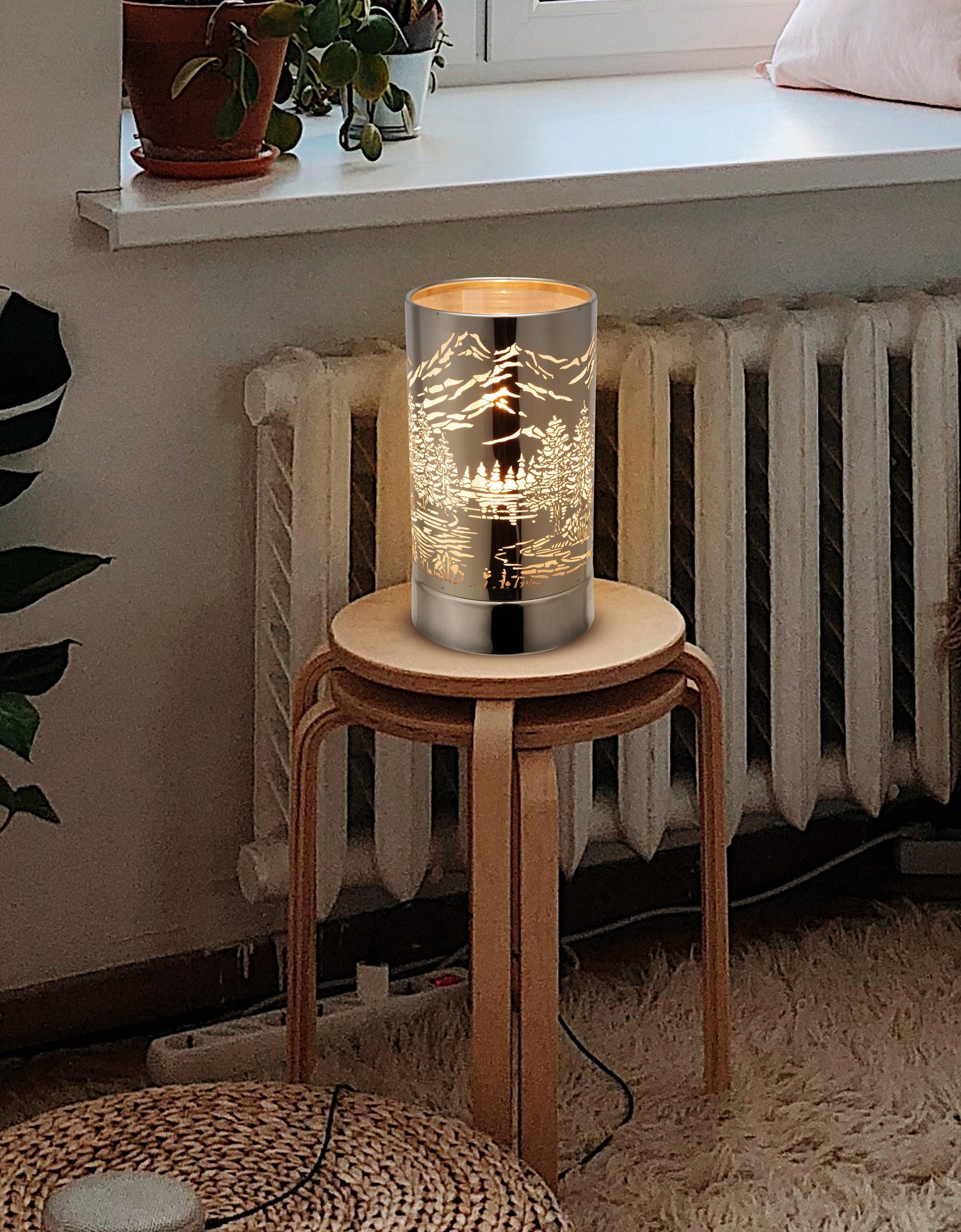 7" Touch lamp/Oil burner/Wax warmer-Silver Mountain Scene by Peterson Housewares & Artwares