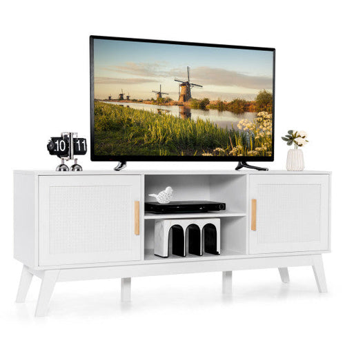 Load image into Gallery viewer, TV Stand Entertainment Media Console with 2 Rattan Cabinets and Open Shelves-White
