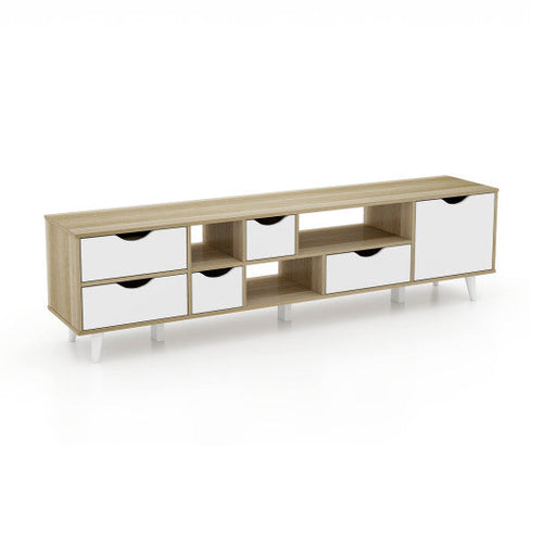 Load image into Gallery viewer, TV Stand for TVs up to 65” Television Cabinet w/ 5 Drawers &amp; 3 Open Shelves-Oak
