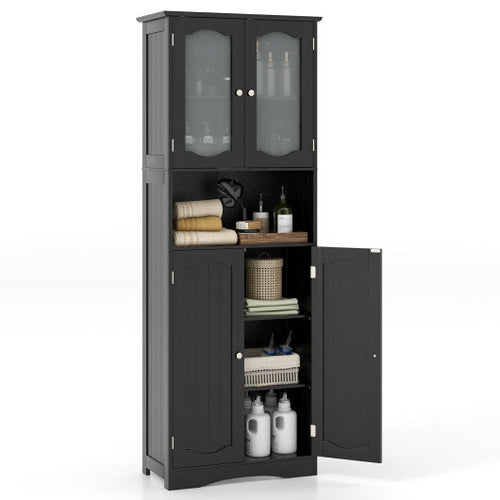 Load image into Gallery viewer, 64.5 Inches Tall Bathroom Storage Cabinet with Frost Glass Doors and Shelves-Black
