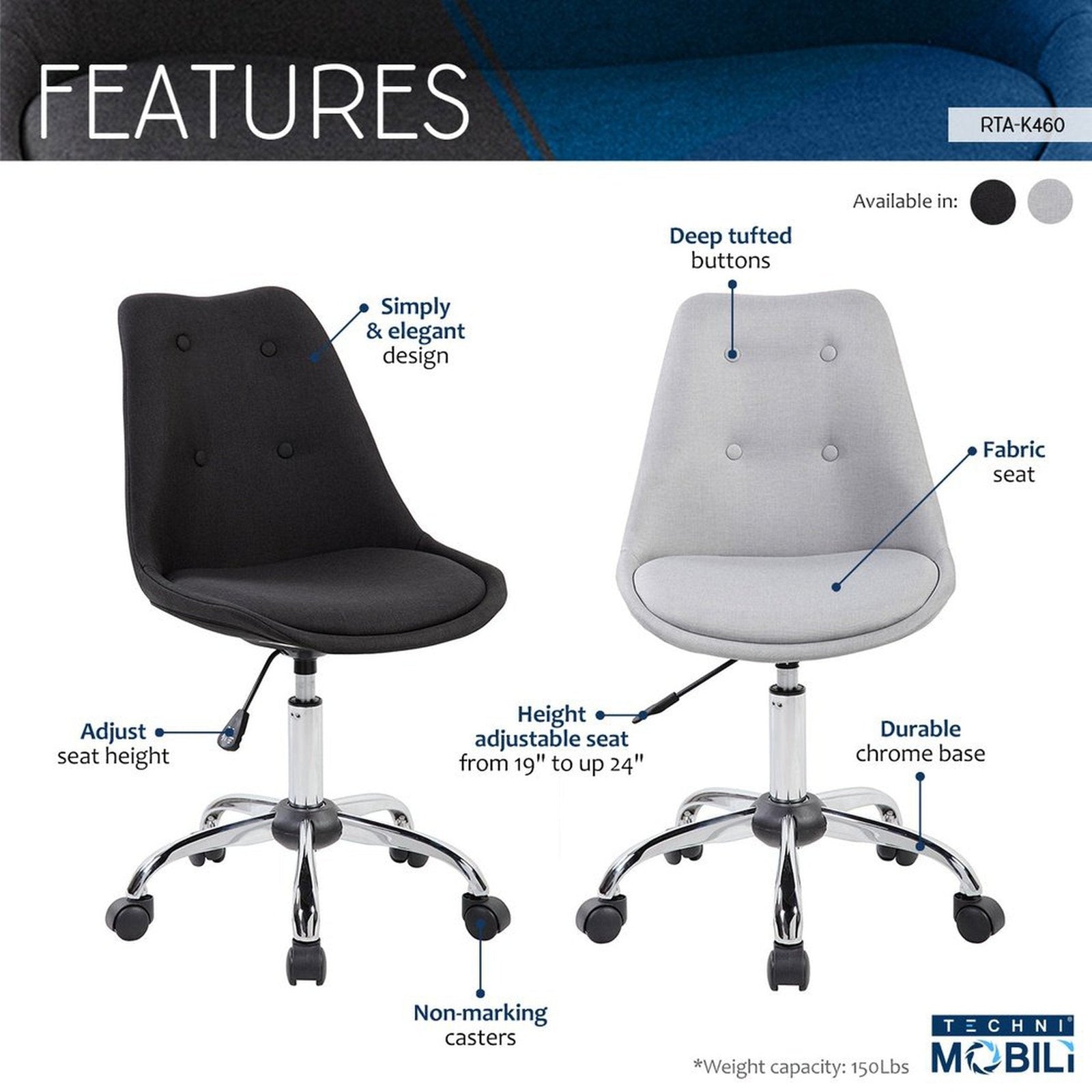 Techni Mobili Armless Task Chair with Buttons, Black by Level Up Desks