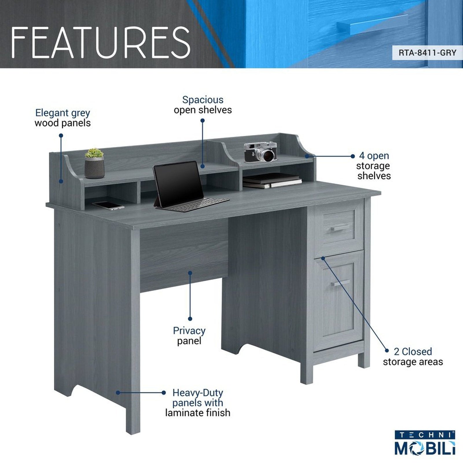 Techni Mobili Classic Office Desk with Storage, Grey by Level Up Desks