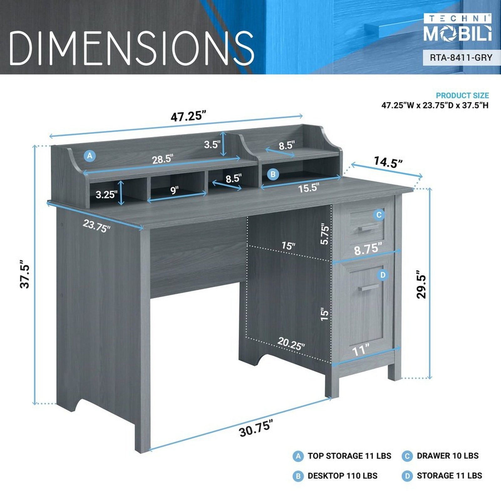 Techni Mobili Classic Office Desk with Storage, Grey by Level Up Desks