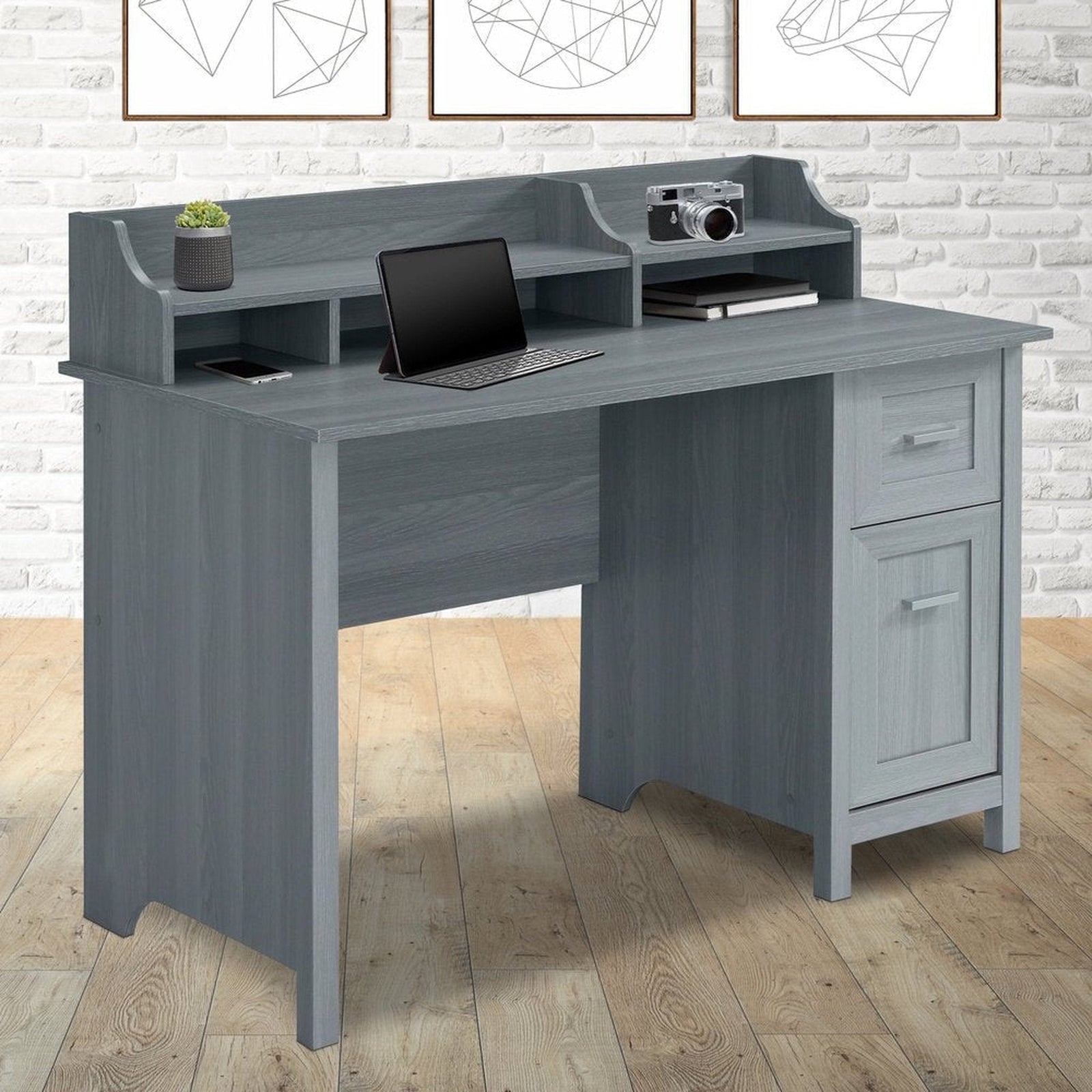 Techni Mobili Classic Office Desk with Storage, Grey by Level Up Desks