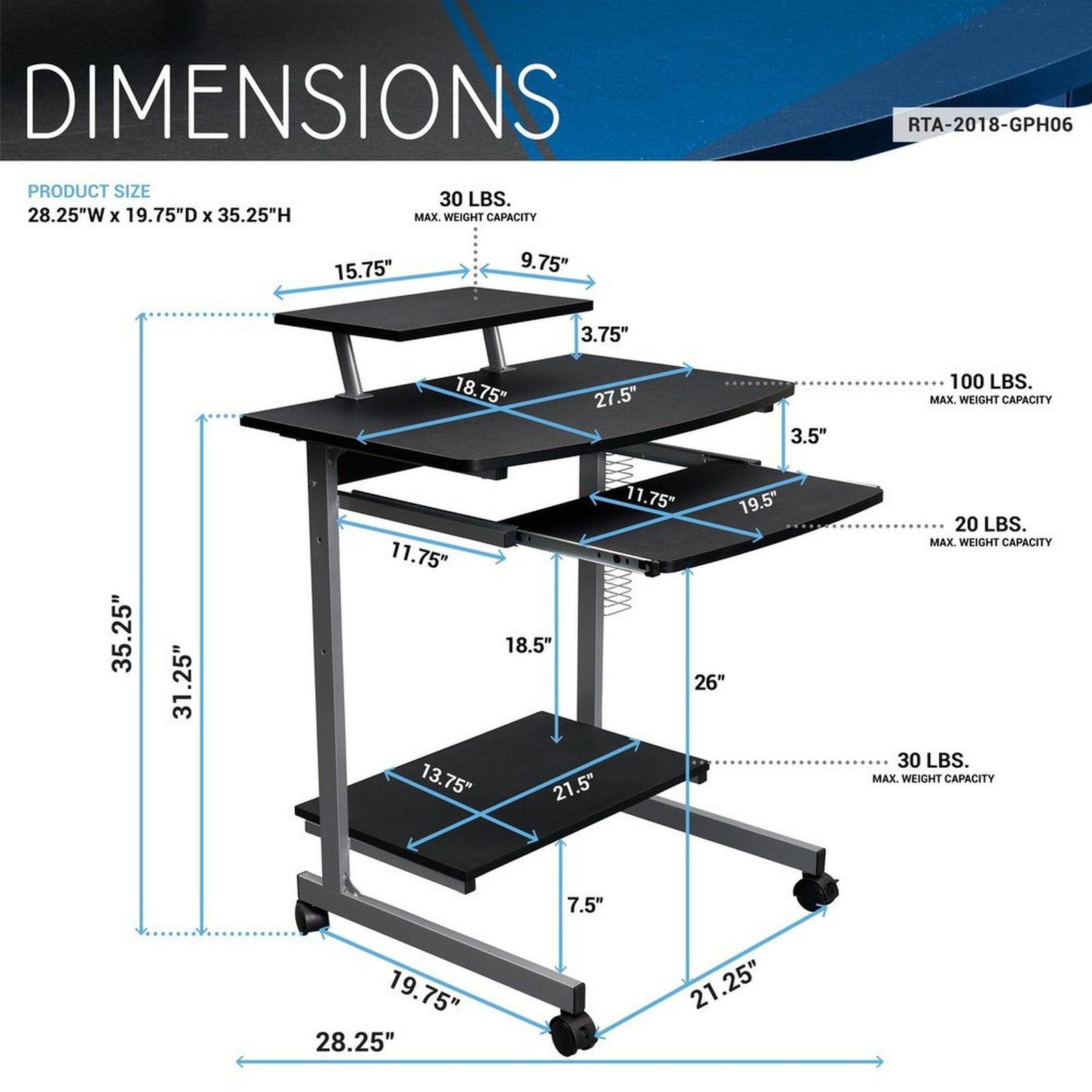Techni Mobili Compact Computer Cart With Storage, Graphite by Level Up Desks