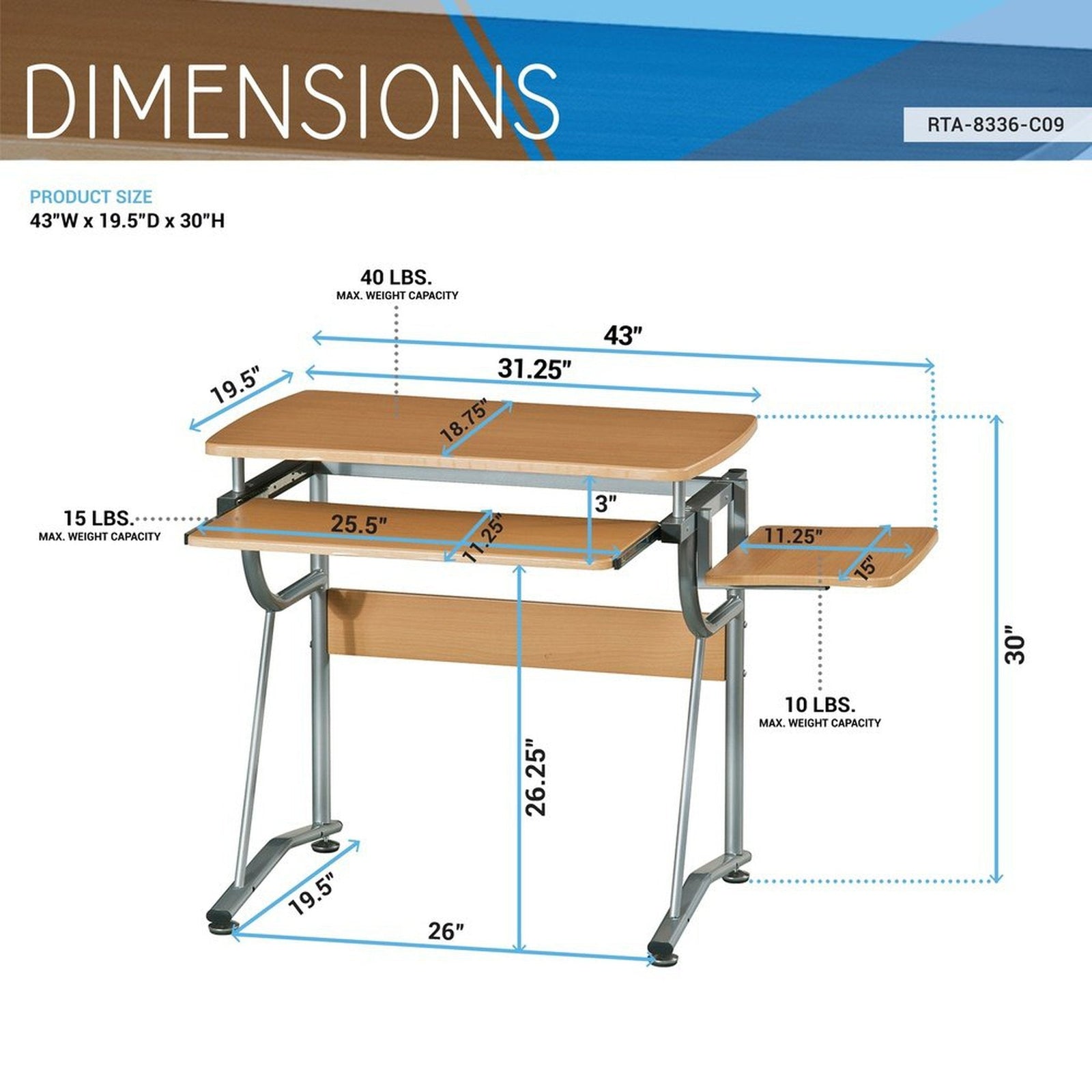 Techni Mobili Compact Computer Desk with Side Shelf and Keyboard Panel, Cherry by Level Up Desks