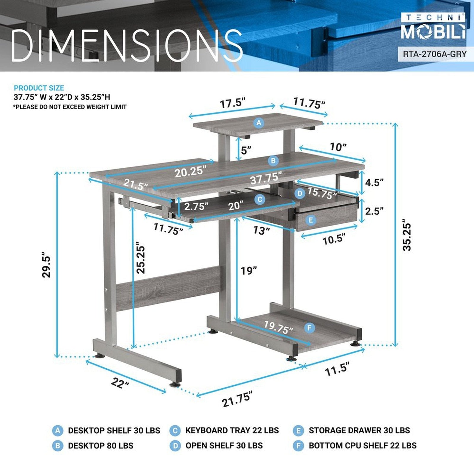Techni Mobili Complete Computer Workstation Desk, Grey by Level Up Desks