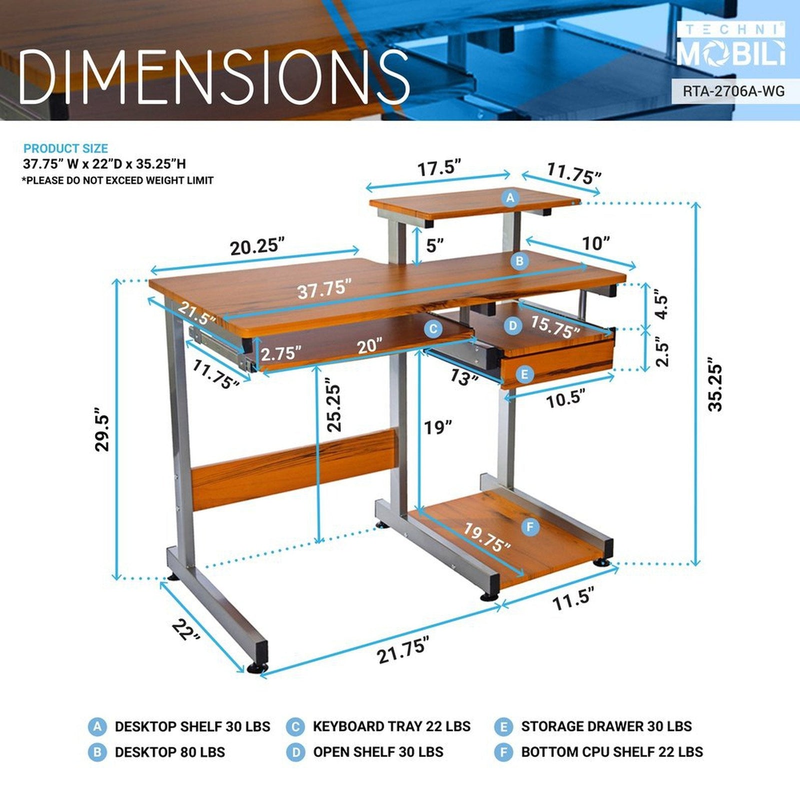 Techni Mobili Complete Computer Workstation Desk, Woodgrain by Level Up Desks