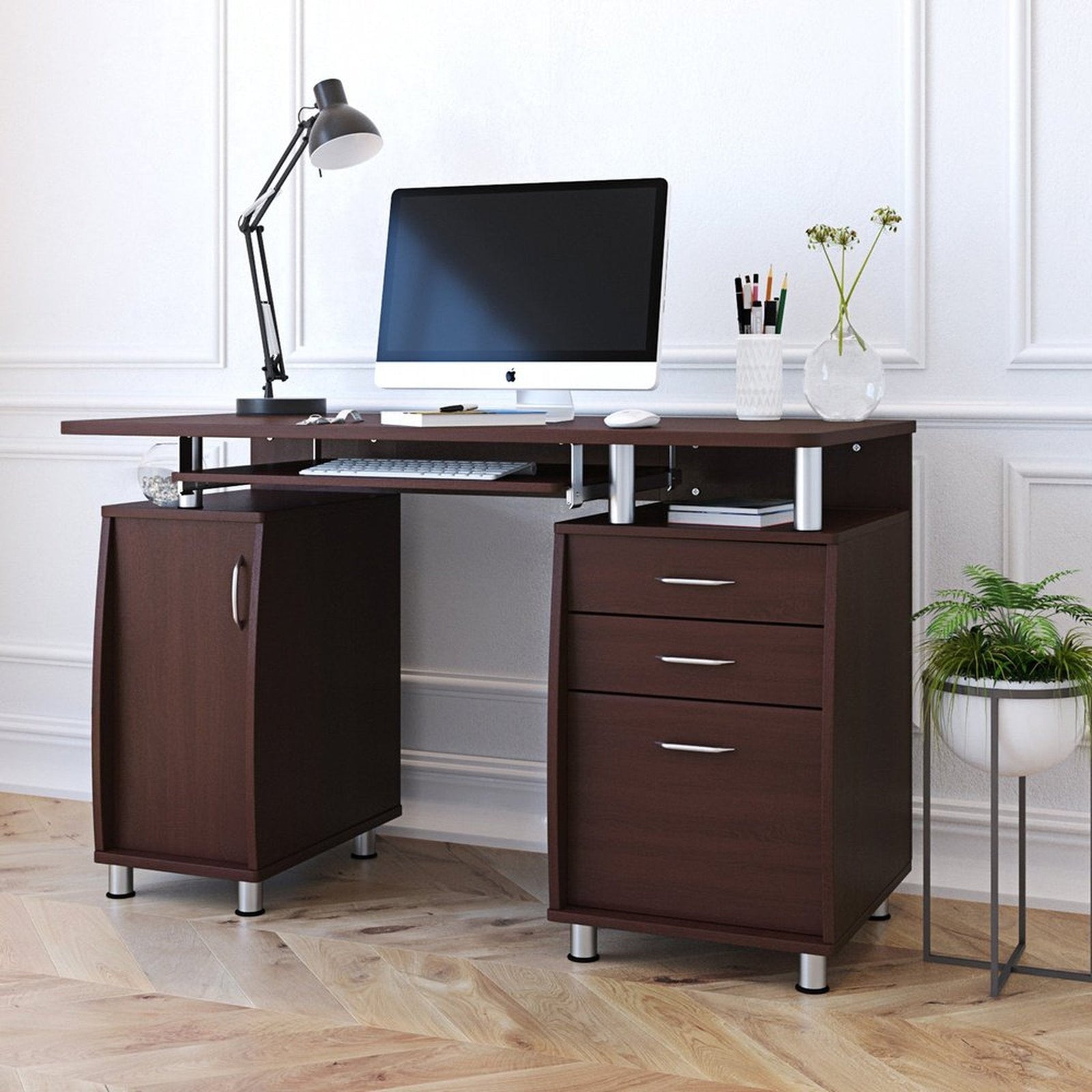 Techni Mobili Complete Workstation Computer Desk with Storage, Chocolate by Level Up Desks