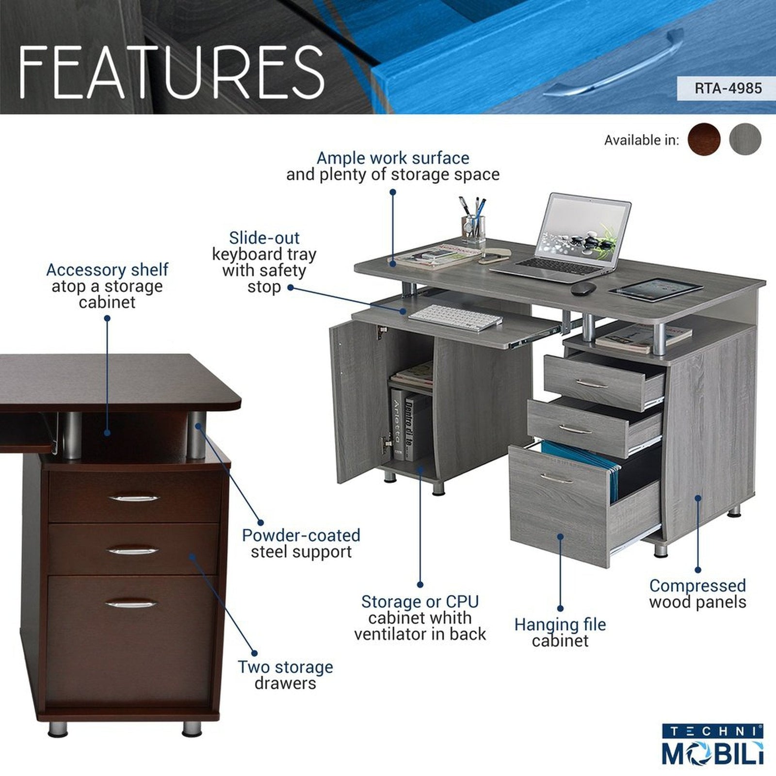 Techni Mobili Complete Workstation Computer Desk with Storage, Chocolate by Level Up Desks