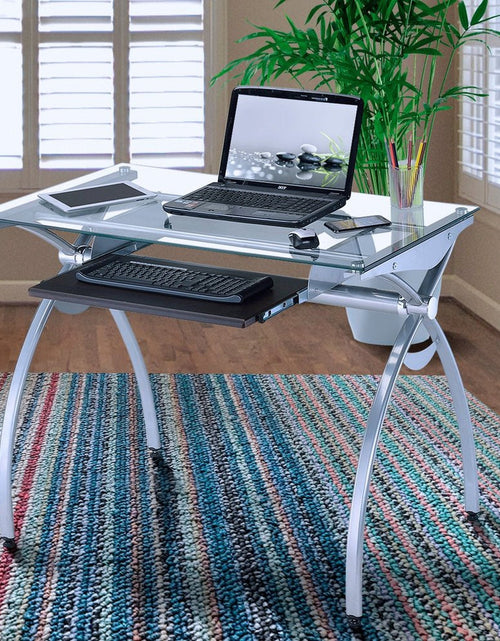 Load image into Gallery viewer, Techni Mobili Contempo Clear Glass Top Computer Desk with Pull Out Keyboard Panel, Clear by Level Up Desks
