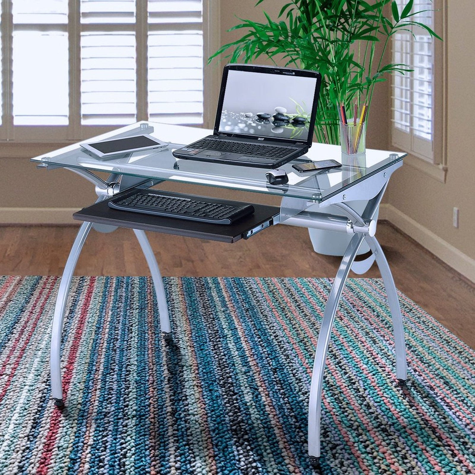 Techni Mobili Contempo Clear Glass Top Computer Desk with Pull Out Keyboard Panel, Clear by Level Up Desks