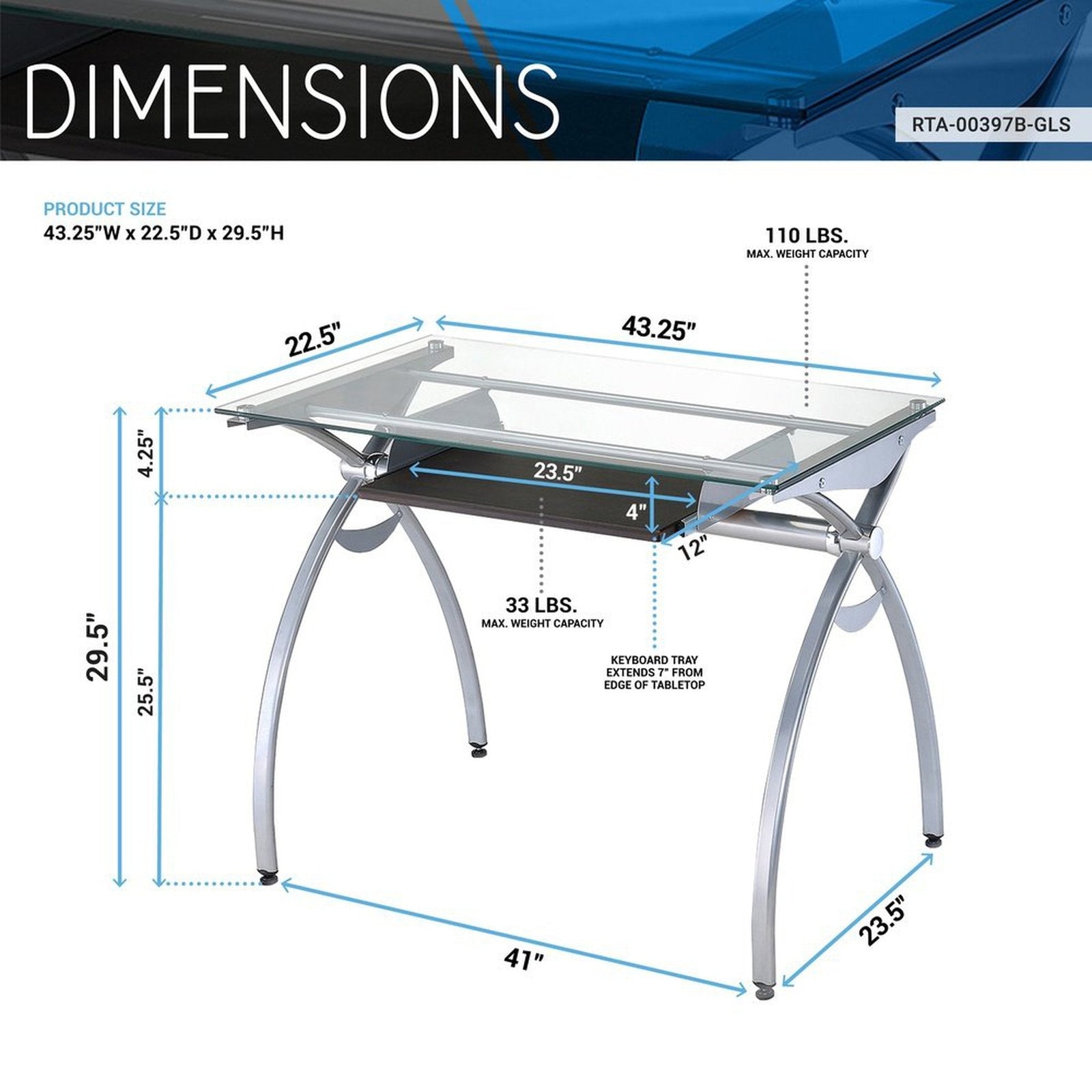 Techni Mobili Contempo Clear Glass Top Computer Desk with Pull Out Keyboard Panel, Clear by Level Up Desks