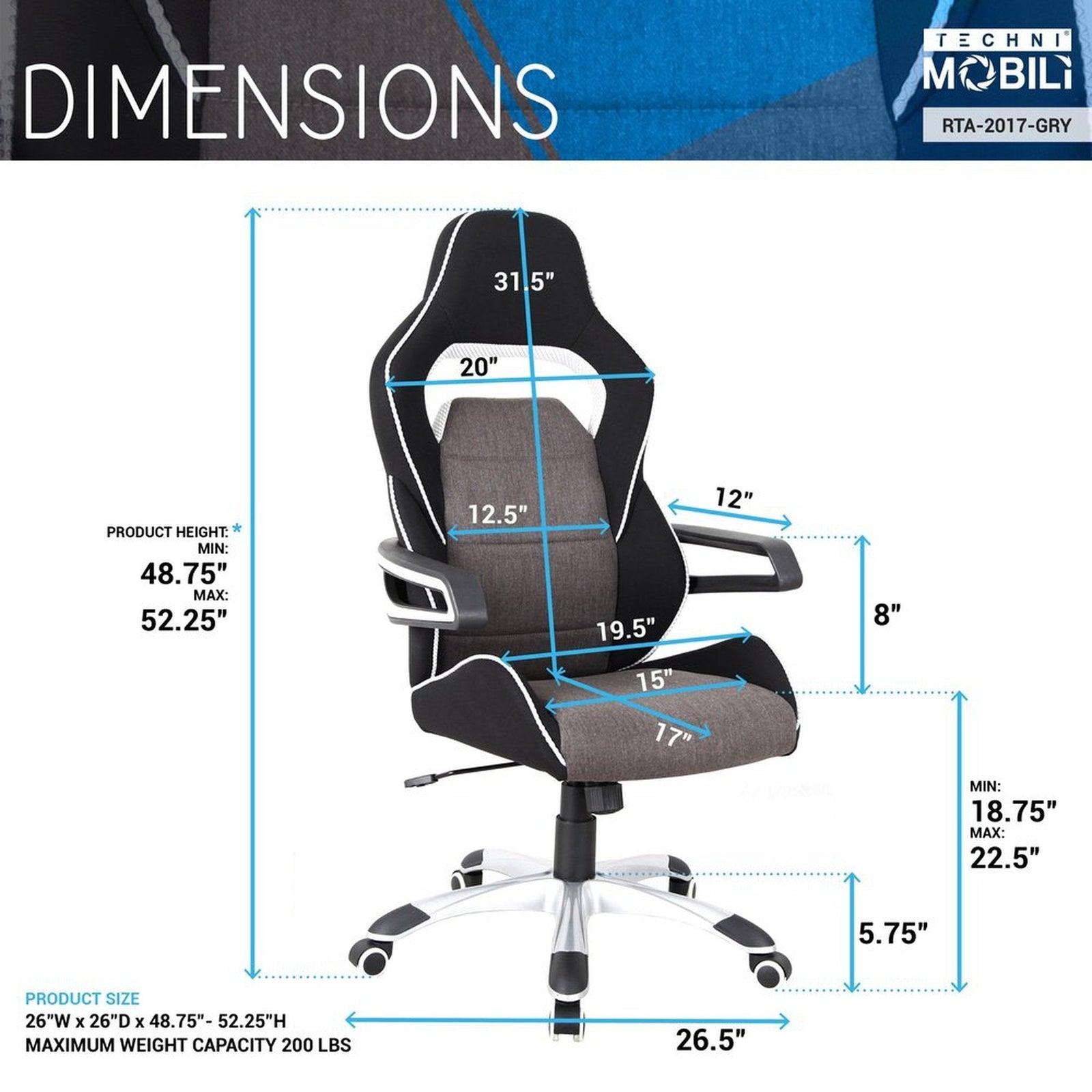 Techni Mobili Ergonomic Upholstered Racing Style Home & Office Chair, Grey/Black by Level Up Desks