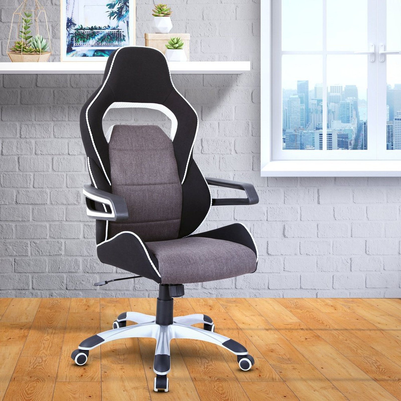 Techni Mobili Ergonomic Upholstered Racing Style Home & Office Chair, Grey/Black by Level Up Desks