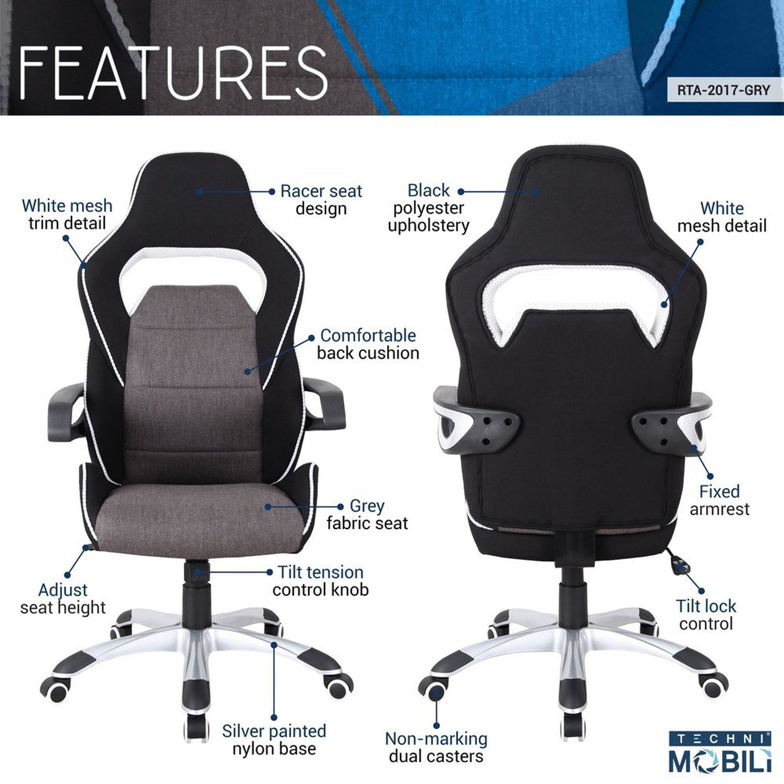 Techni Mobili Ergonomic Upholstered Racing Style Home & Office Chair, Grey/Black by Level Up Desks