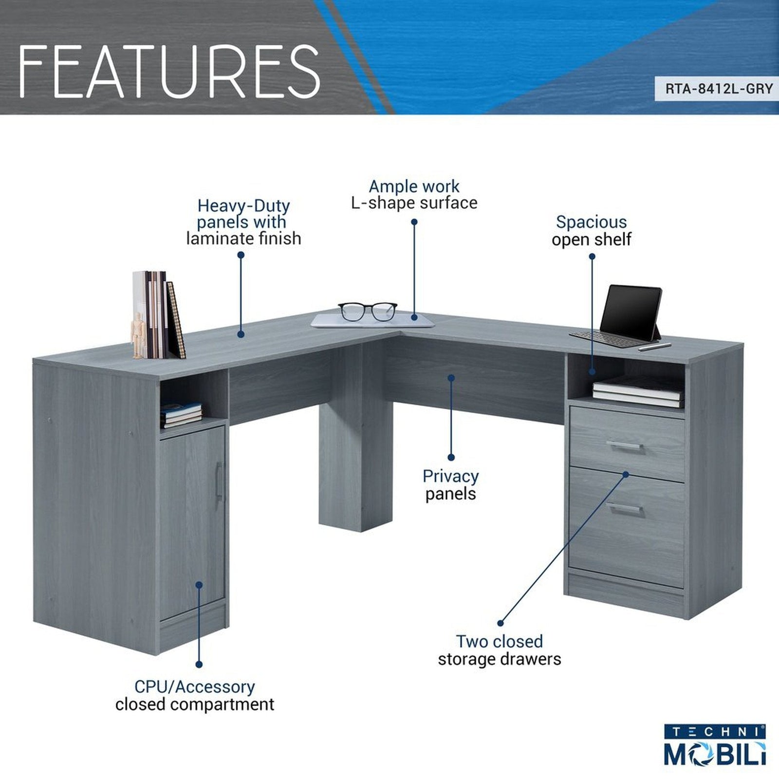 Techni Mobili Functional L-Shape Desk with Storage, Grey by Level Up Desks
