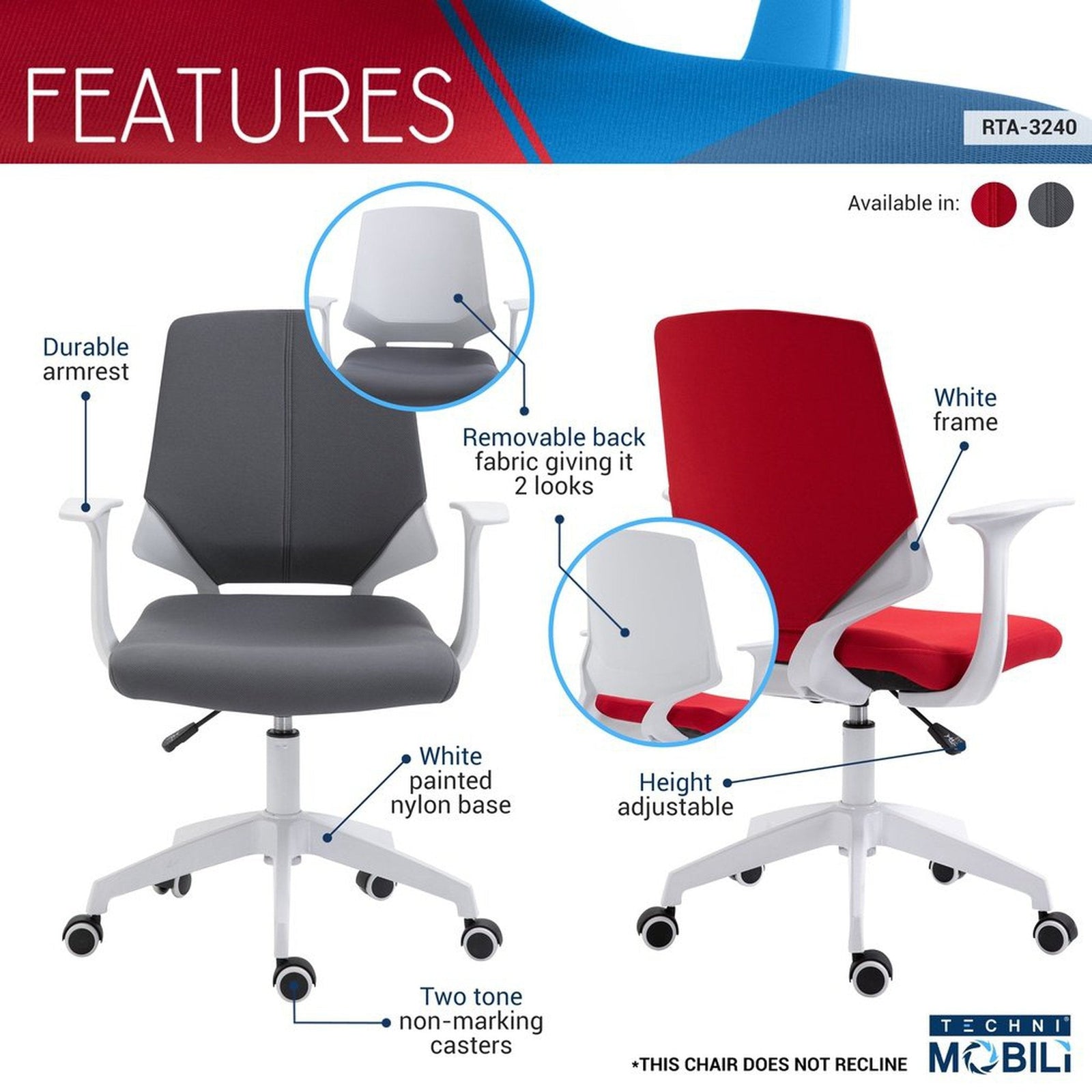 Techni Mobili Height Adjustable Mid Back Office Chair, Grey by Level Up Desks