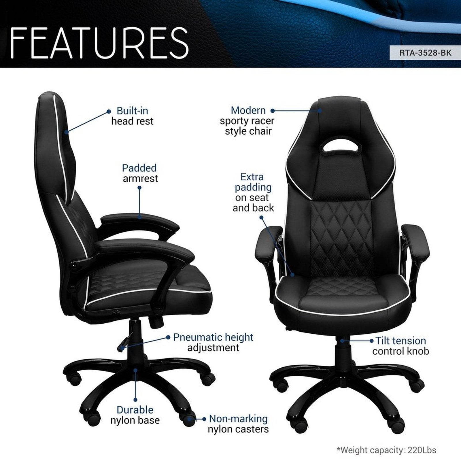 Techni Mobili High Back Executive Sport Race Office Chair, Black by Level Up Desks