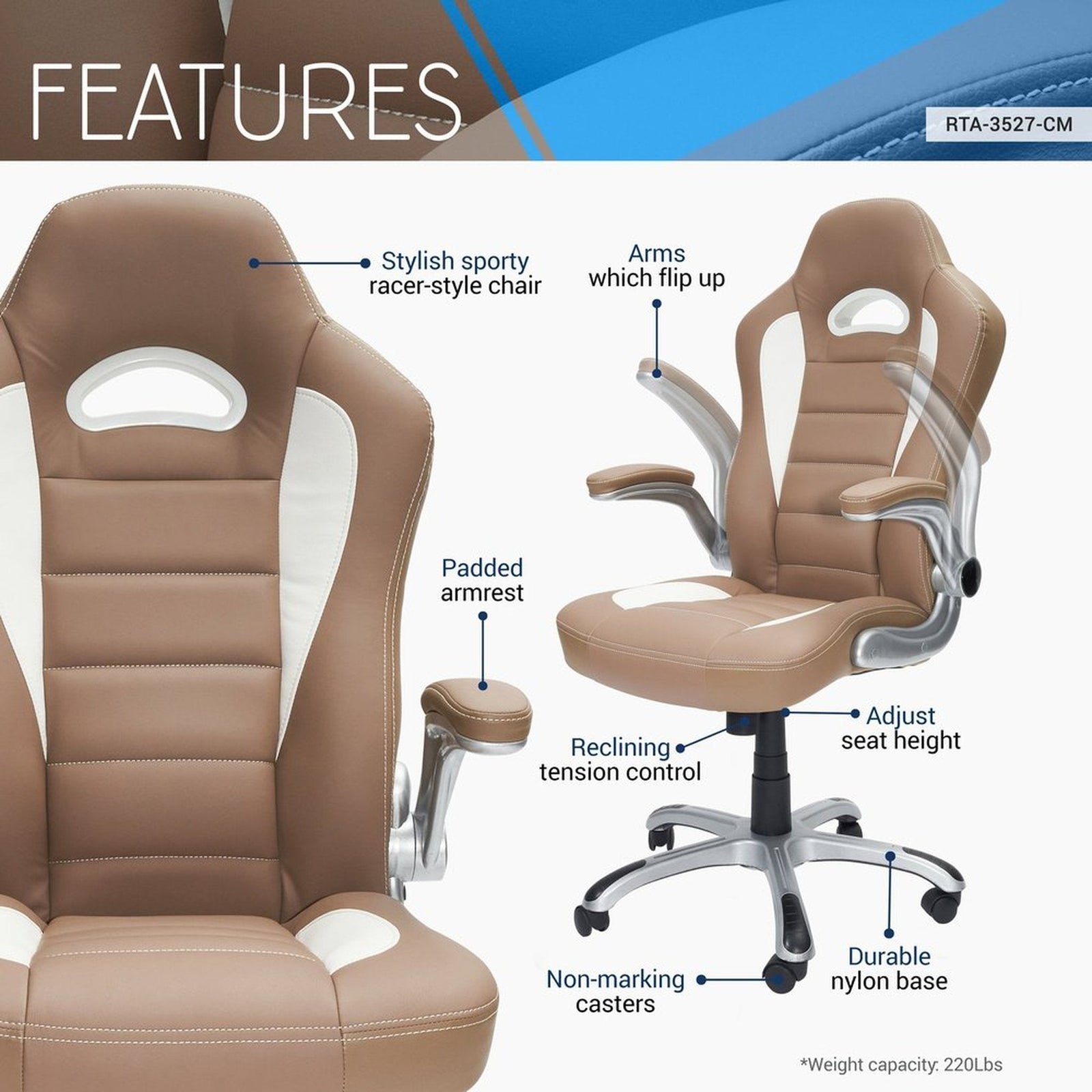 Techni Mobili High Back Executive Sport Race Office Chair with Flip-Up Arms, Camel by Level Up Desks