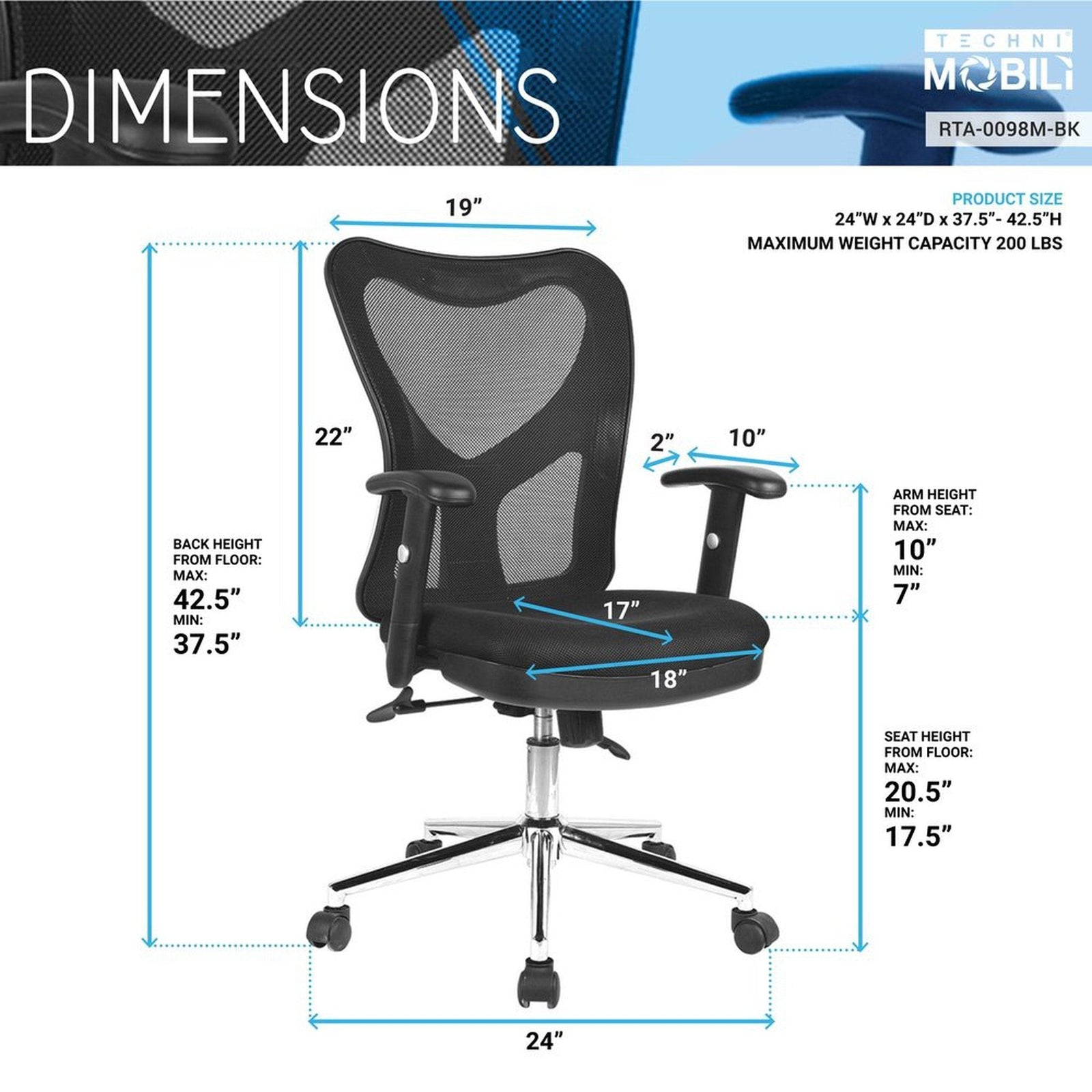 Techni Mobili High Back Mesh Office Chair With Chrome Base, Black by Level Up Desks