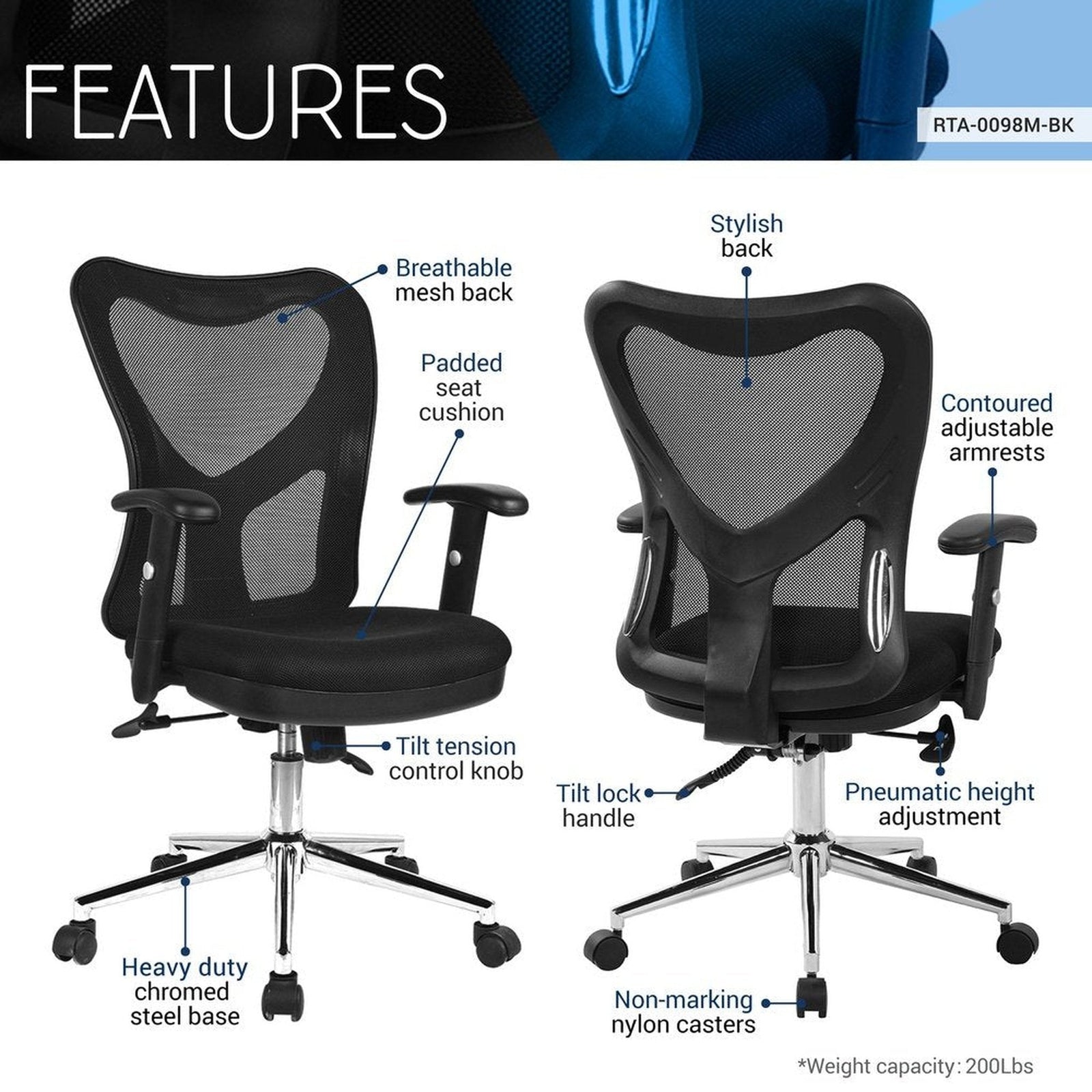 Techni Mobili High Back Mesh Office Chair With Chrome Base, Black by Level Up Desks