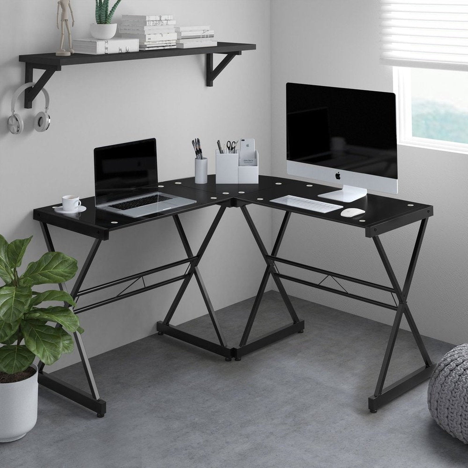 Techni Mobili L-Shaped Glass Computer Desk, Black by Level Up Desks
