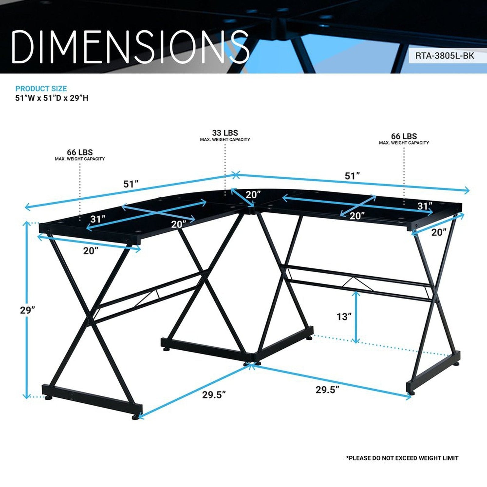Techni Mobili L-Shaped Glass Computer Desk, Black by Level Up Desks