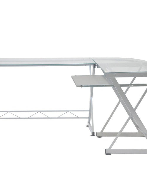 Load image into Gallery viewer, Techni Mobili L-Shaped Tempered Glass Top Computer Desk with Pull Out Keyboard Panel, Clear by Level Up Desks

