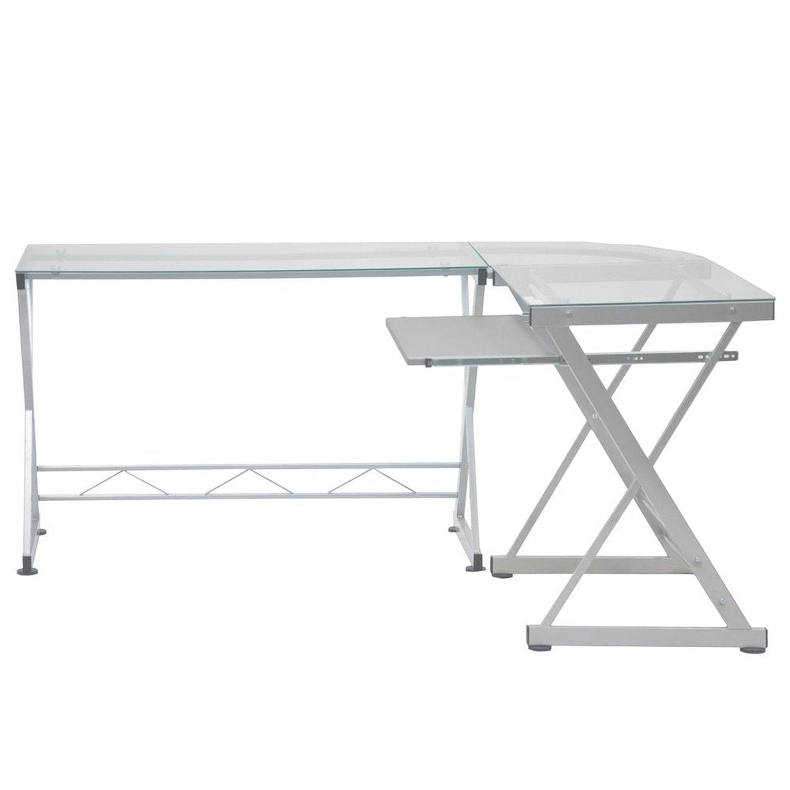 Techni Mobili L-Shaped Tempered Glass Top Computer Desk with Pull Out Keyboard Panel, Clear by Level Up Desks