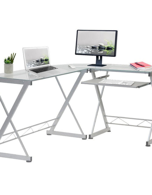 Load image into Gallery viewer, Techni Mobili L-Shaped Tempered Glass Top Computer Desk with Pull Out Keyboard Panel, Clear by Level Up Desks
