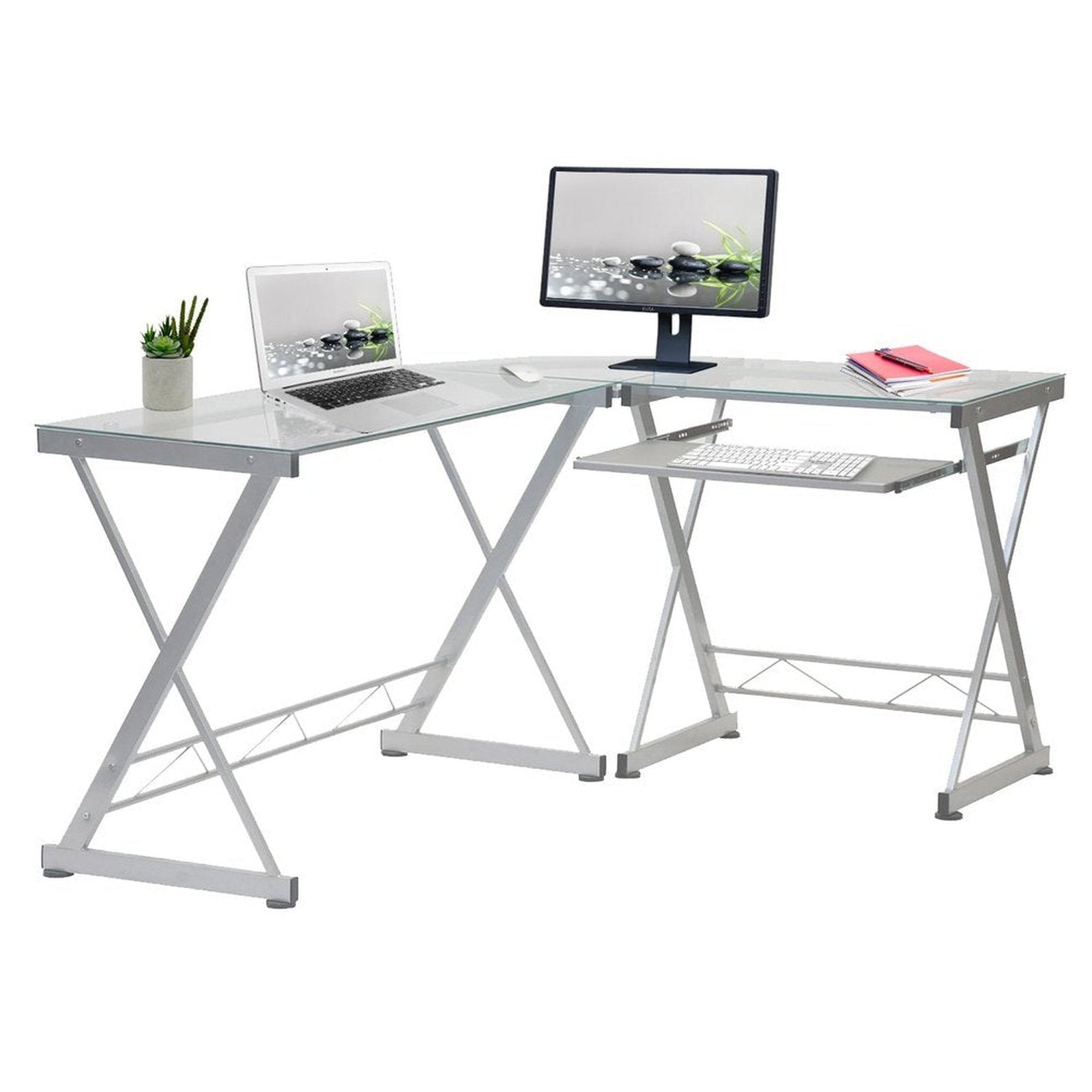 Techni Mobili L-Shaped Tempered Glass Top Computer Desk with Pull Out Keyboard Panel, Clear by Level Up Desks